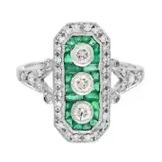 Art Deco Style Lab-Created Diamond Emerald Three Stone Ring 14K White Gold FN