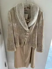 KALIKO-SIZE 14 FUR NECK KHAKI COLOR SILK/VELVET SKIRT/FLORAL JACKET EVENING WEAR