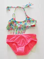 Roxy Girls Fringe Top Bikini Swim Set Neon Coral Sz 2 - NWT