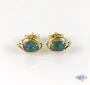 Australian Genuine Opal Twirl Stud Earrings 6x4mm Gold Plated Sterling Silver