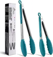 HOTEC Premium Stainless Steel Locking Kitchen Tongs with Silicon Tips, Set of 2-9" and 12", Turquoise