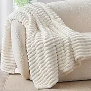 BEDELITE Fleece Throw Blanket for Couch - 300GSM Soft & Warm Fluffy Cream White Blanket, Decorative and Giftable Striped Blankets for Women, Men, 50"x60"