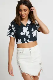 Print Button Front Crop Shirt - Size L, Women's Trial Woven