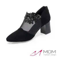 在飛比找momo購物網優惠-【MOM】真皮踝靴 高跟踝靴/真皮絨面網紗花朵燙鑽造型高跟踝