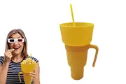 Reusable Tumbler Popcorn Cup Beverage Snack Multifunctional Split Cup With Straw-Yellow