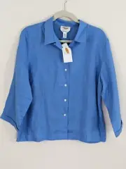 New Women’s Talbots Size 18 Irish Linen Blue Button Shirt Blouse Top 3/4 Sleeve