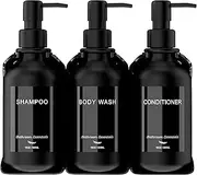 Modern Shampoo and Conditioner Dispenser - Shower Soap Dispenser Wall Mounted - 16 oz Set of 3 Plastic Black Bottles with Black Pumps - Stylish Shampoo Dispenser, Shower Dispenser 3 Chamber No Drill