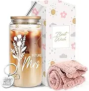 wangxitumug Future Mrs Gifts - Bride to Be Gifts -16 Oz Glass Cup with Bamboo Lid and Straw - Bridal Shower Gift for Women
