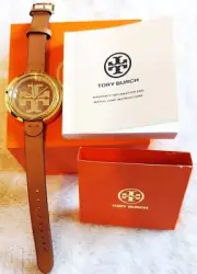 NEW Tory Burch Gold & Brown Luggage Leather Miller Ladies Watch TBW6201 Logo NWT