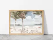 Palm Trees & Huts In Beach Faded Photograph Glass Framed Wall Art, Ready to Hang