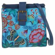 Anuschka Hand-Painted Leather Tri-Compartment CB Bag Summer Garden Denim NWT