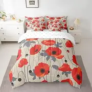 Feelyou Poppy Flower Comforter Set Queen Size 7 Pieces Kids Garden Floral Bltanical Bedding Set for Boys Girls Red Poppy Leaves Red Bed in a Bag with Comforter, Sheets, Pillowcases & Cushion Cover