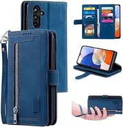 UEEBAI Wallet Case for Samsung Galaxy A56 5G, Retro 9 Card Holder Slots Zipper Pocket Handbag Case PU Leather Magnetic Closure Kickstand with Wrist Strap TPU Shockproof Flip Case, Blue