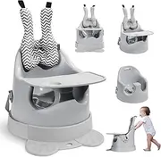 TOSGN 4-in-1 Infant Floor Seat, Baby Sitting Support for Baby 6 Months+, Sit-Me-Up Floor Seat with Tray/Additional Base with Wheels/Headrest/Seat Belt/Rope for Pulling, Grey
