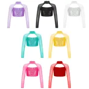 Girls Sparkle Sequins Mesh Long Sleeve Mock Neck T-Shirt Jazz Dance Crop Top