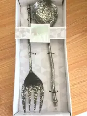 Elle Decor NWT 2 Piece Set Of Salad Serving Fork Spoon Silver Tone Black.