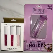 BDB Trio Indigo, Petunia, And Rose Lip Gloss With Free Lip Gloss Holder.
