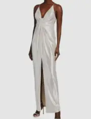 $195 Aidan Mattox Women's Silver Front-Slit Column Gown Size 6