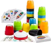Vinciph Quick Cups Games for Kids,Classic Quick Cups Stacks Set,Stacking Cups Games Parent-Child Interactive Game,24 Cups in 6 Colors,24 Stickers,1 Bells,54 Word and Color Education Challenges Cards
