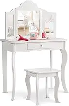 Costway Kids Vanity Table & Stool Set, Toddler Princess Dresser Table W/Tri-Folding Mirror & Large Drawer, 2-in-1 Detachable Mirror Top Design, Smooth Surface, Versatile Use, Easy Assembly