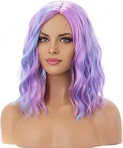 BERON 14 Inches Pink Blue Wig Short Curly Bob Wig Charming Women Girls Beach Wave Wigs for Cosplay Costume Party Wig Cap Included