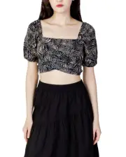 Only LeafPrint Crop Top Short Puff Sleeves Women Blue