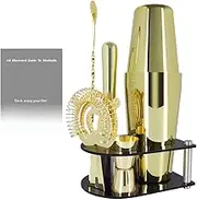 5 Piece Cocktail Shaker Bartender Kit: 750/600ml(25/20oz) Cocktail Shaker Set with Stand, Drink Mixing Includes Martini Shaker,Strainer,Jigger,Bar Mixer Spoon,Muddler Bar Tool Set (Gold)