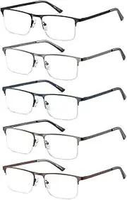 Eyecedar 5-Pack Metal Half-Frame Reading Glasses Men Spring Hinges Stainless Steel Material Include Sun Readers +2.00