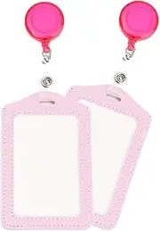 SagaSave ID Card Holder, 2 Pieces Vertical Badge Covers Set with Retractable Reel Clip for Student, Volunteer and Employee - Pink
