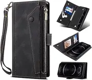 TiHen Compatible for Case Google Pixel 6,Leather Zipper Wallet Case Card Slots Magnetic Shockproof Stand,Strap+Tempered Glass Screen Protector*2-Black