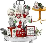 Holiday Tiered Tray - Christmas Home Decor with Rustic Wooden Designs | Multifunctional Wood Sign Decor, Festive Seasonal Decoration, Farmhouse Style Tray Set, Buffalo Plaid Accessories for Table Disp