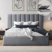 Celine Double Fossil Grey Velvet Gas Lift Storage Bed Frame