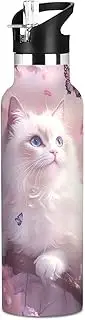 Water Bottle for Kids with Straw, Kids Water Bottle Stainless Steel for Travel or School 20 Oz, BPA-Free, Pink Ragdoll Cat Cherry