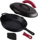 Cast Iron Skillet with Lid - 12"-Inch Pre-Seasoned Covered Frying Pan Set + Sili
