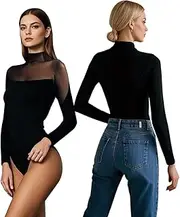 [Koquena] Women Long Sleeve Bodysuit Turtle Neck Shapewear Body Suits Mesh One Piece Leotard Shirt Going Out Tops Outfits
