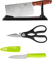 TJ POP Chinese Chef's Knife Set 4-Piece for Kitchen, Ultra Sharp 7.4" Meat Cleaver with Knife Holder, Kitchen Scissors, Paring Knife with Sheath, for Meat Vegetable Cutting, Dishwasher Safe