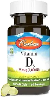 Carlson - Vitamin D3, 1000 IU (25 mcg), Immune Support, Bone Health, Muscle Health, Cholecalciferol, Vitamin D Supplements, Vitamin D3 Soft Gels, 60 Softgels