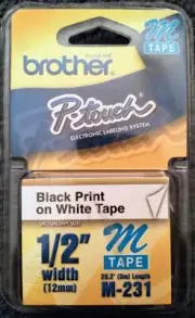 Brother M-231 Tape 1/2" Black Print on White Tape P-Touch Electronic Labeling Sy