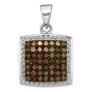 14k White Gold Round Brown Diamond Square Pendant 1/2 Cttw