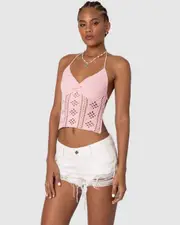 EDIKTED Womens Jada Open Back Crochet Top PINK