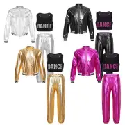 3Pcs Girls Dance Costumes Cropped Sequin Jacket and Pants Vest Set Hip Hop Dance
