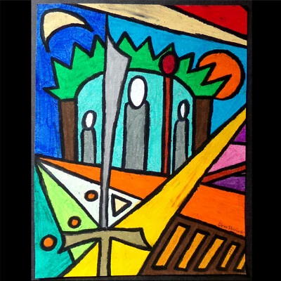 Grey Monks & Psychedelic Sword, Original Pop Oil Pastel Drawing By Glenn Shiring