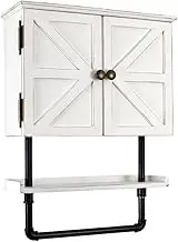 MOTRAIN Farmhouse Bathroom Wall Cabinet with Adjustable Shelf and Towel Bar, Double Doors Medicine Cabinet Wall Mounted with Hanging Bar, Light Solid Wood Storage Cabinet Kitchen (White)