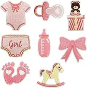 8PCS Baby Girl Iron on Patches, Pink Cartoon Infant Pacifier Bottle Embroidered Patches for Clothes, Custom Gift Footprint Applique for Girls, Hats, Jeans, Jackets, Bags, Backpacks, Dress