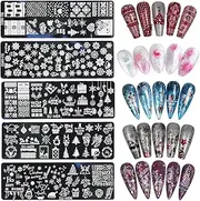 5pcs Christmas Nail Art Stamping Plate Stencil Cute Cartoon Santa Snowflake Elk Bells Christmas Tree Stainless Steel Nail Template Manicure Tools for Home Nail DIY