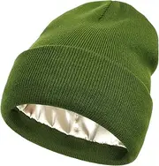 [Hcimooy] Womens Satin Lined Beanie for Women Knit Beanies Womens Winter Beanies for Women Hats for Men Cuffed Skull Cap, Green, One Size-XL