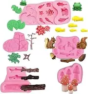 5Pcs/Set Forest Animal Squirrel Silicone Fondant Molds Chocolate Candy Mould Lumberjack Woodland Stump Pine Cones Wooden Tree Trunk Mushroom Lotus Frog Polymer Clay Molds Cake Decorating Tools