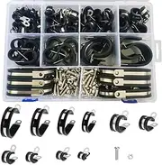 110pcs P Clips Hose Pipe Clamp Cable Clamps Assortment Kit with M6 Nuts & Bolts Fastener Screw Set,10 Sizes from 6mm~45mm;Rubber Lined Coated Cushioned Insulated Wire Clamps,304 Stainless Steel