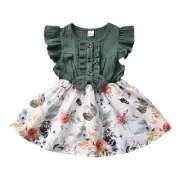 Bowknot Floral Print Dress - 1-5Years Baby Girls Ruffles Sleeve Knee Patchwork