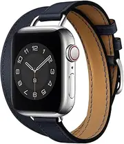 Strap Compatible for Apple Watch Band 45mm 41mm 44mm 40mm 42mm 38mm, Genuine Leather Slim Double Tour Replacement Wristband for iwatch Series 7 6 5 4 3 2 1 SE